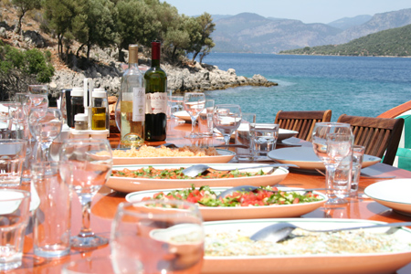 Table of Turkish food by the sea